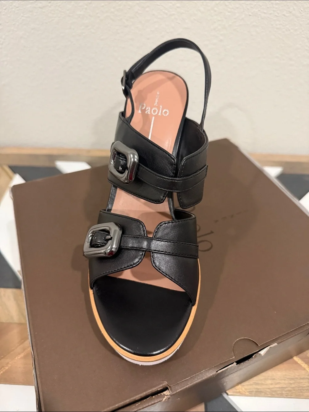 Linea Paolo Elvie Black Leather Wedge Sandal with Silver Buckles Size 9 New